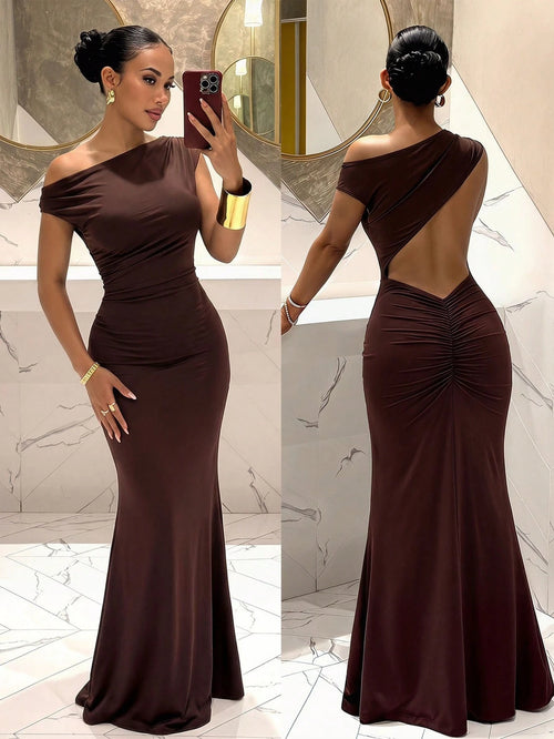 Slaydiva Shades Of Brown,Autumn,Seductive,Party Night Elegant Sexy Sleeveless Asymmetric Neck Backless Bodycon Maxi Dress For Summer Valentine's Day