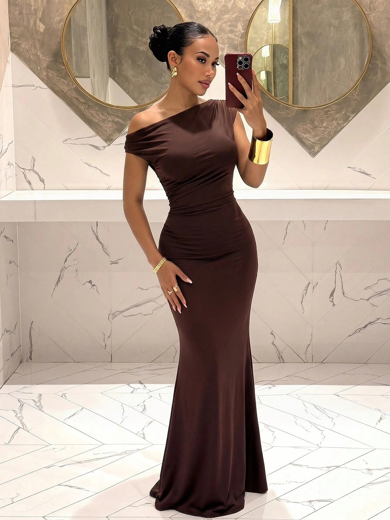 Slaydiva Shades Of Brown,Autumn,Seductive,Party Night Elegant Sexy Sleeveless Asymmetric Neck Backless Bodycon Maxi Dress For Summer Valentine's Day