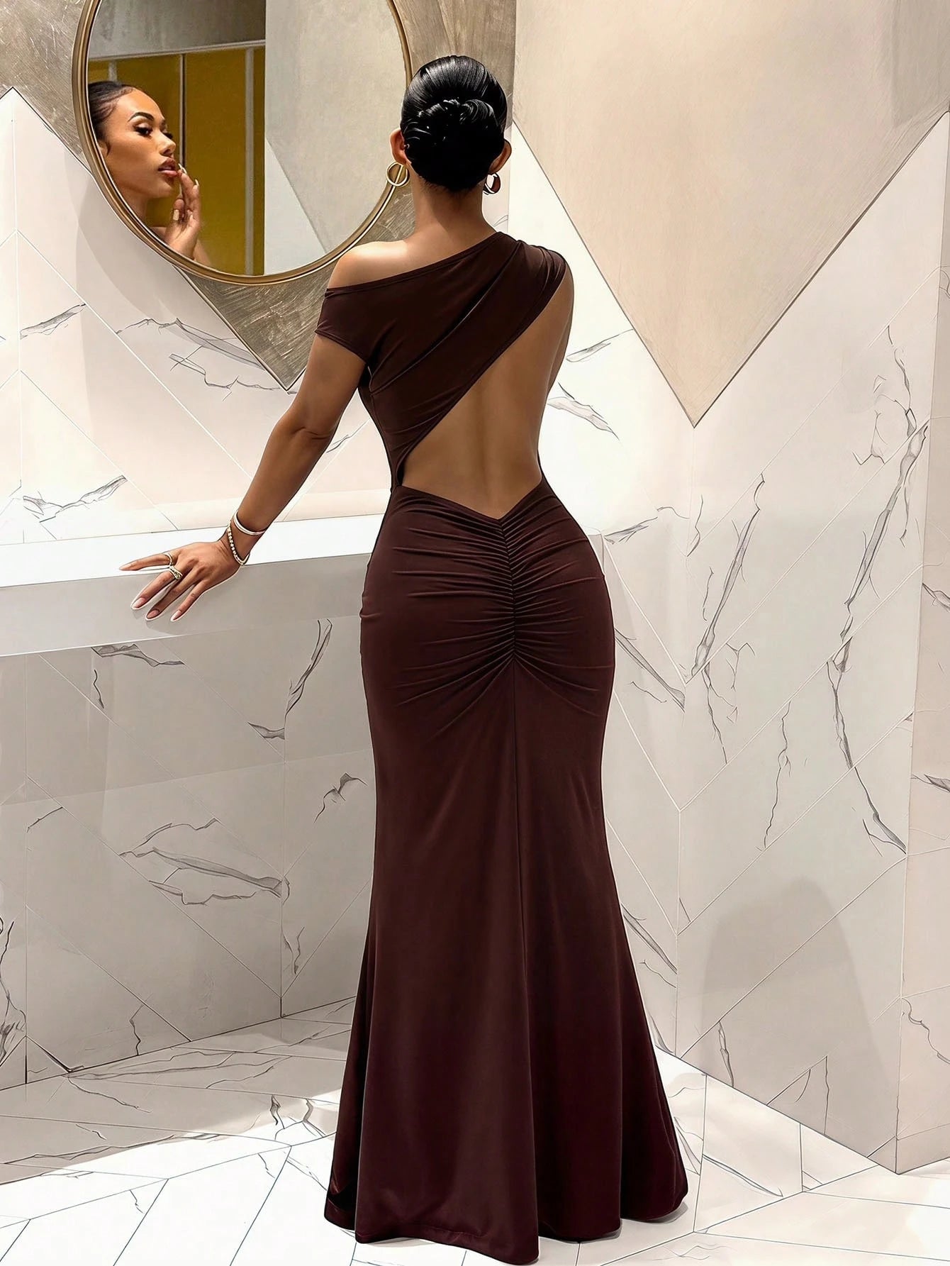 Slaydiva Shades Of Brown,Autumn,Seductive,Party Night Elegant Sexy Sleeveless Asymmetric Neck Backless Bodycon Maxi Dress For Summer Valentine's Day
