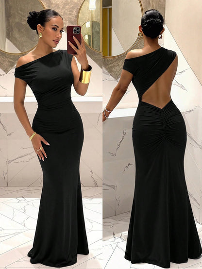 Slaydiva Shades Of Brown,Autumn,Seductive,Party Night Elegant Sexy Sleeveless Asymmetric Neck Backless Bodycon Maxi Dress For Summer Valentine's Day