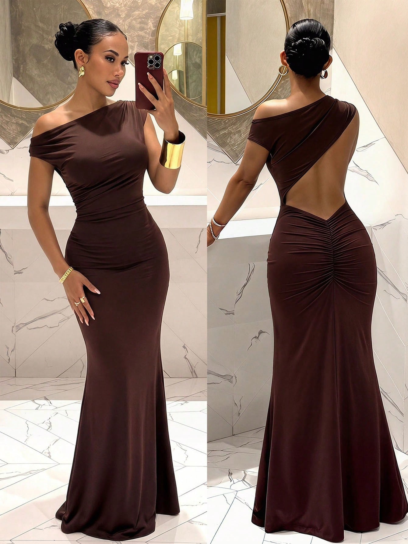 Slaydiva Shades Of Brown,Autumn,Seductive,Party Night Elegant Sexy Sleeveless Asymmetric Neck Backless Bodycon Maxi Dress For Summer Valentine's Day