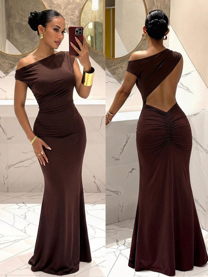 Slaydiva Shades Of Brown,Autumn,Seductive,Party Night Elegant Sexy Sleeveless Asymmetric Neck Backless Bodycon Maxi Dress For Summer Valentine's Day
