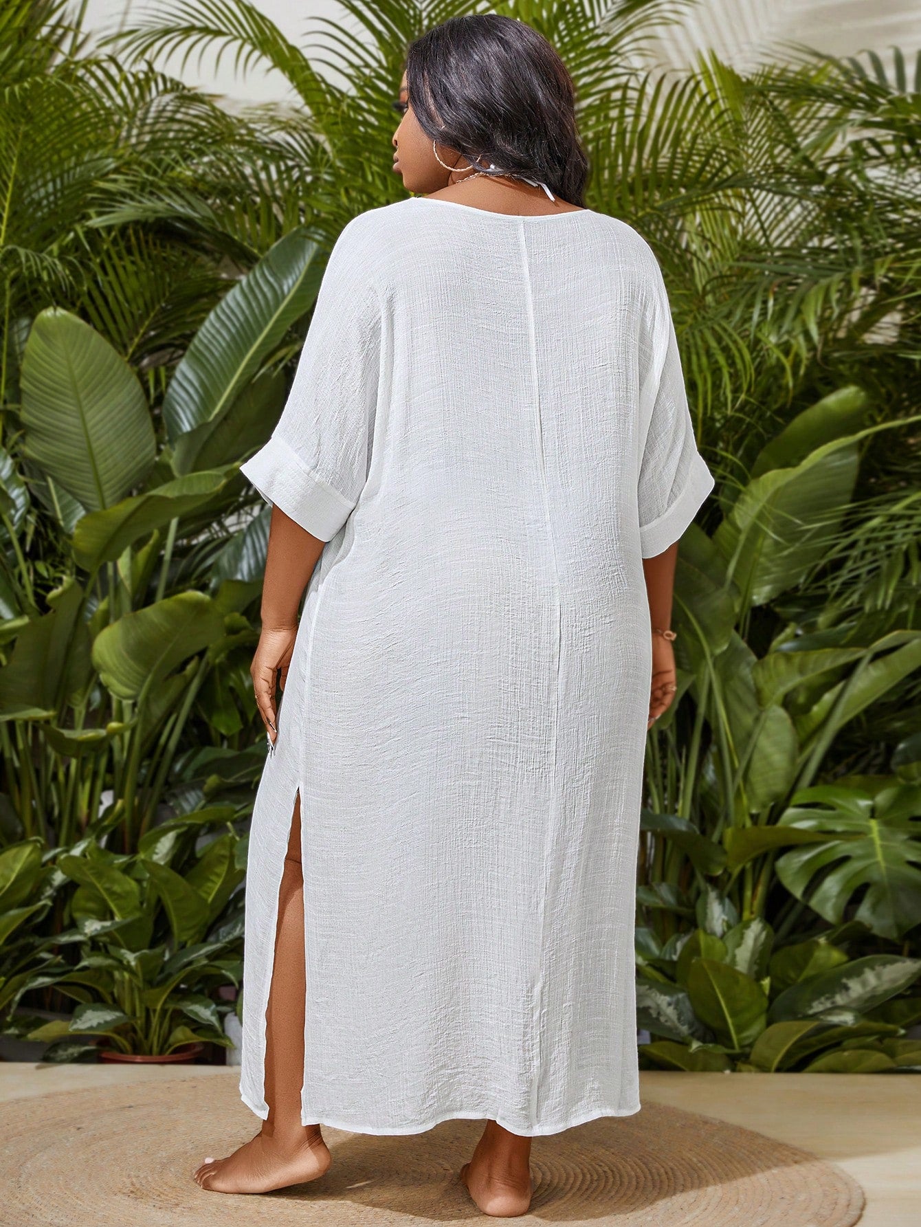 Slaydiva Summer Beach Plus Size 1pc V-Neck Batwing Sleeve Slit Side Cover Up Dress Wedding