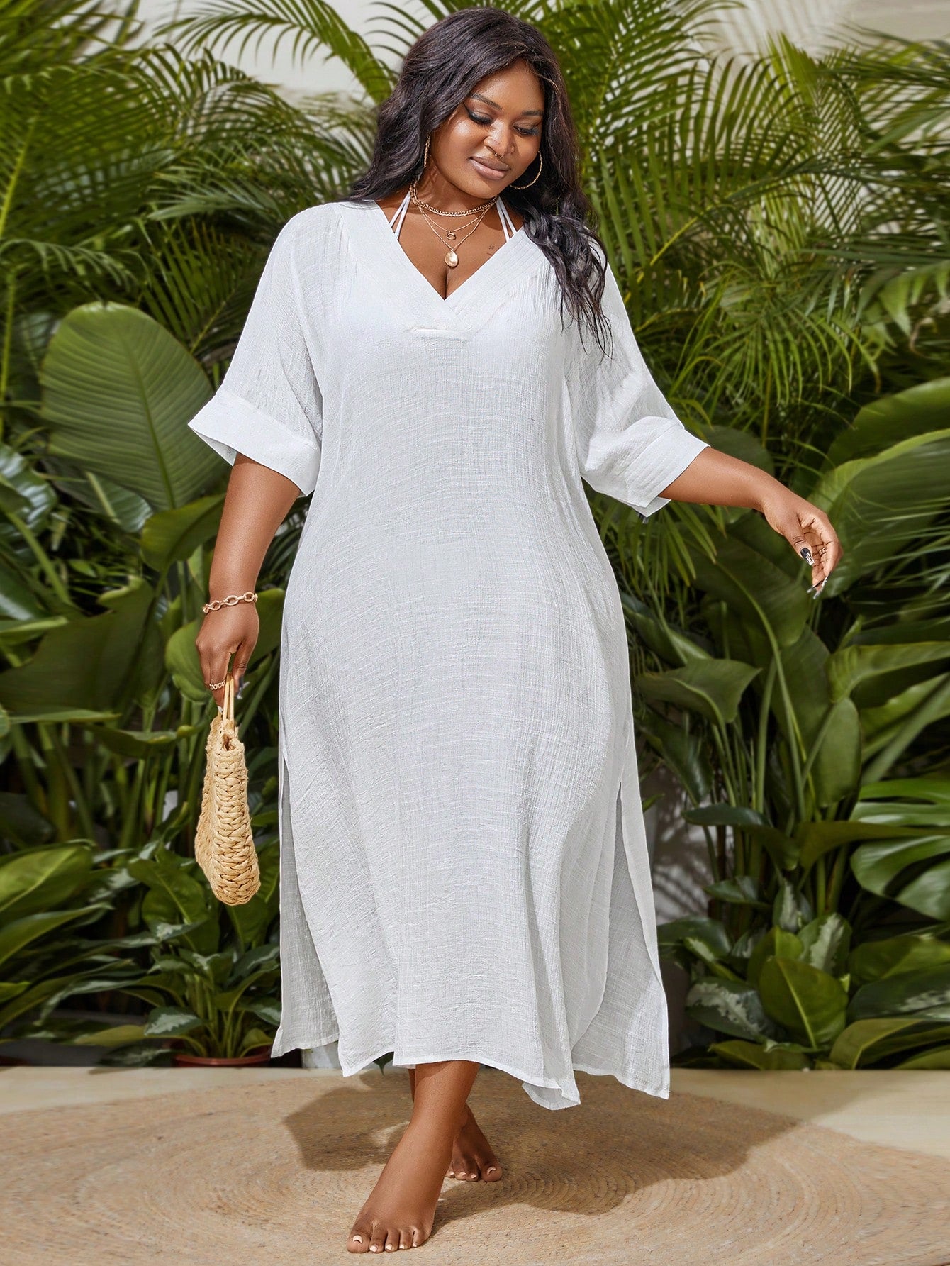 Slaydiva Summer Beach Plus Size 1pc V-Neck Batwing Sleeve Slit Side Cover Up Dress Wedding