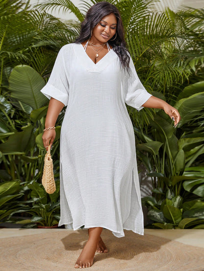 Slaydiva Summer Beach Plus Size 1pc V-Neck Batwing Sleeve Slit Side Cover Up Dress Wedding