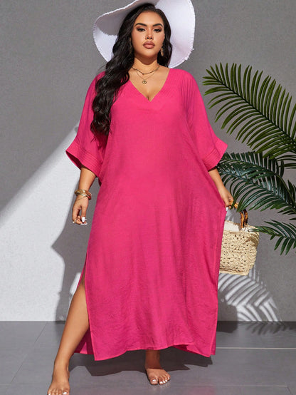 Slaydiva Summer Beach Plus Size 1pc V-Neck Batwing Sleeve Slit Side Cover Up Dress Wedding