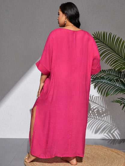 Slaydiva Summer Beach Plus Size 1pc V-Neck Batwing Sleeve Slit Side Cover Up Dress Wedding