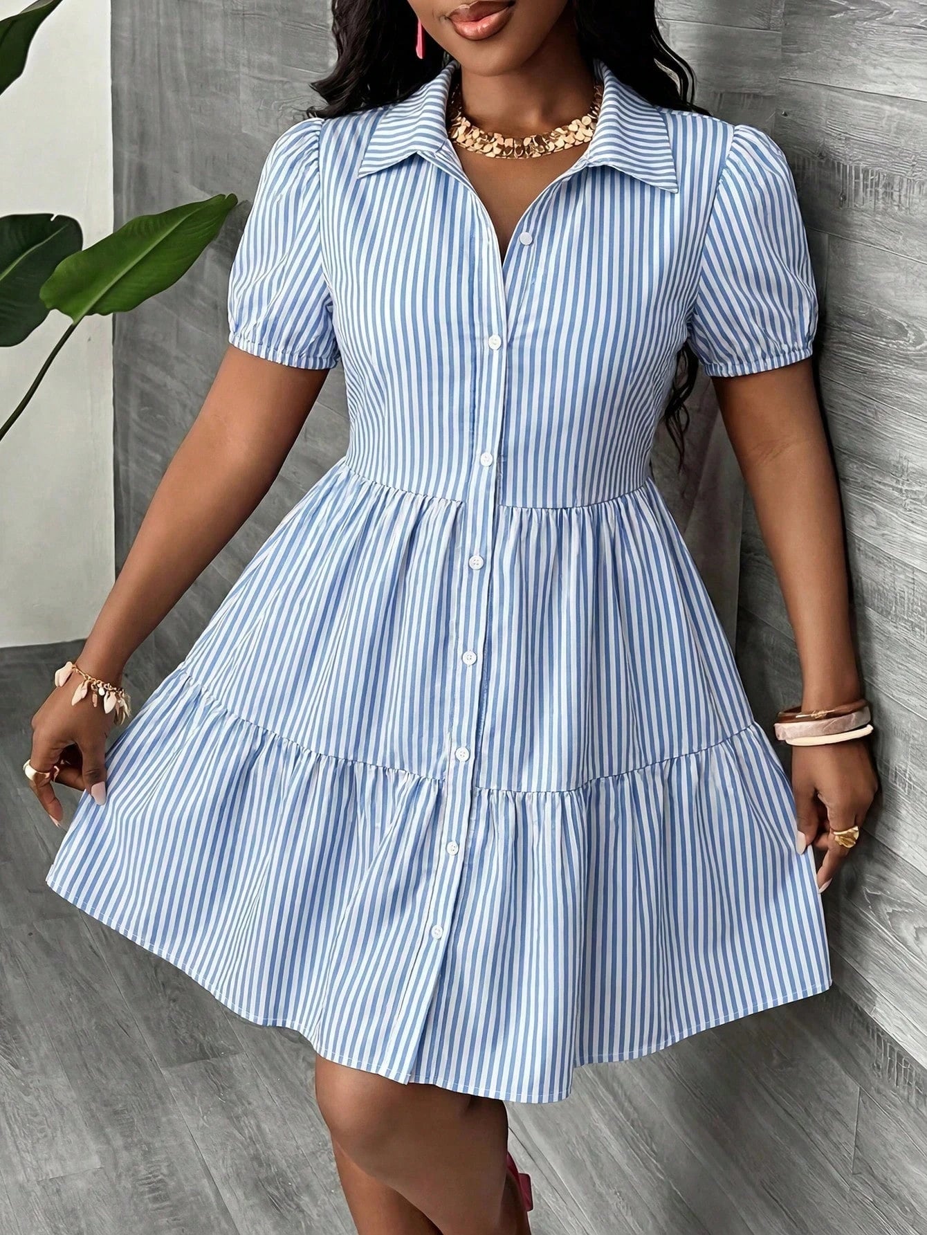 Slaydiva Summer Stylish Blue And White Stripe Shirt Dress,Casual Coastal Tropical Elegant Boho Back-To-School Beachwear Vacation Party Wedding Guest Attire
