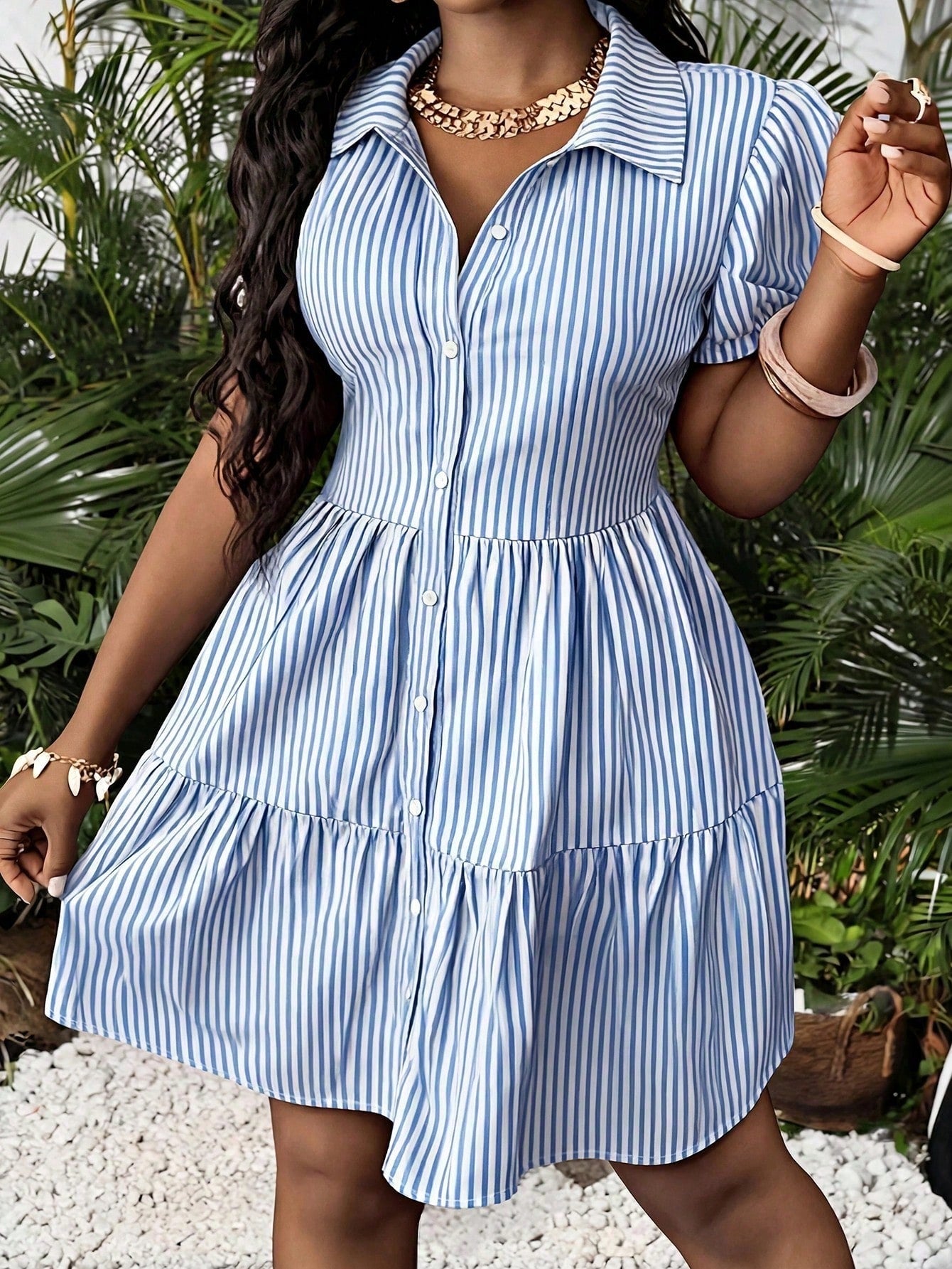 Slaydiva Summer Stylish Blue And White Stripe Shirt Dress,Casual Coastal Tropical Elegant Boho Back-To-School Beachwear Vacation Party Wedding Guest Attire