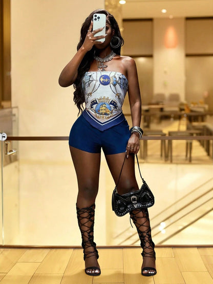 Slaydiva Women Navy Blue And White Summer Two Pieces Set, Square Scarf Print Strap Tube Top And Solid Mini Shorts, Beach Holiday Vacation White And Gold Sexy