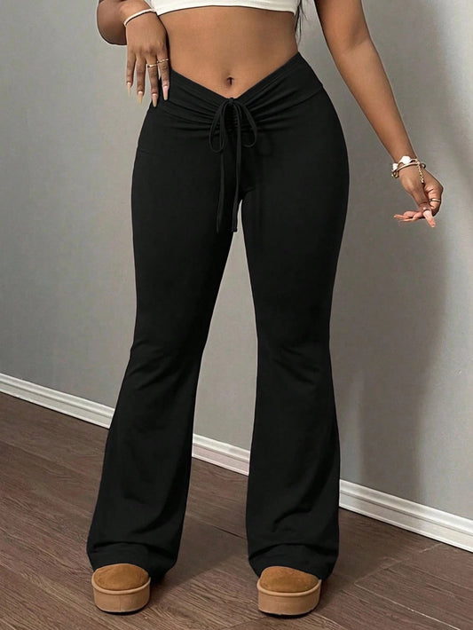 Slaydiva Women's Black Summer Slim Fit Drawstring Pleated Flare Pant,Seksi Chic Night Out Casual Street Style Versatile Fashion Popular Trendsetter Long Pant