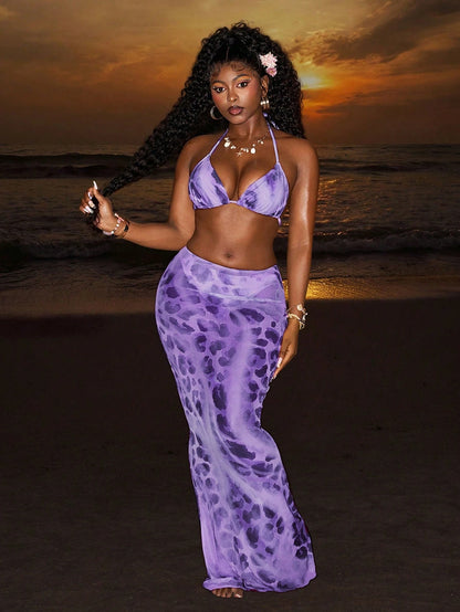 Slaydiva Women's Purple Summer Casual Beach Holiday Vacation Leopard Print Mesh See-Through Tie-Up Crop Top & Bodycon Maxi Dress Swimwear Set For Pool Party