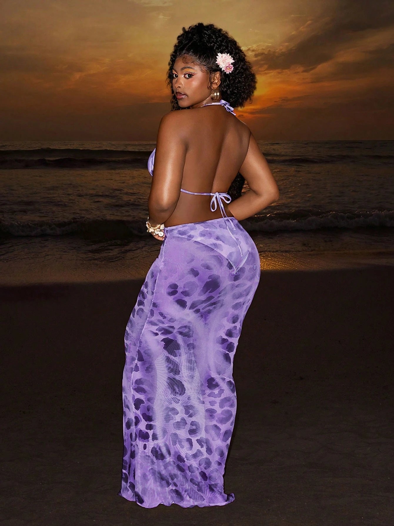 Slaydiva Women's Purple Summer Casual Beach Holiday Vacation Leopard Print Mesh See-Through Tie-Up Crop Top & Bodycon Maxi Dress Swimwear Set For Pool Party