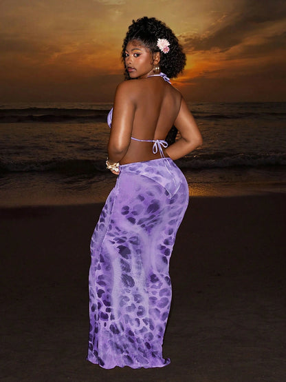 Slaydiva Women's Purple Summer Casual Beach Holiday Vacation Leopard Print Mesh See-Through Tie-Up Crop Top & Bodycon Maxi Dress Swimwear Set For Pool Party