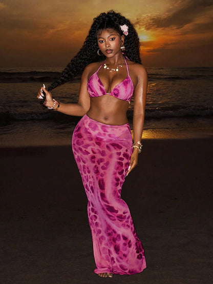 Slaydiva Women's Purple Summer Casual Beach Holiday Vacation Leopard Print Mesh See-Through Tie-Up Crop Top & Bodycon Maxi Dress Swimwear Set For Pool Party