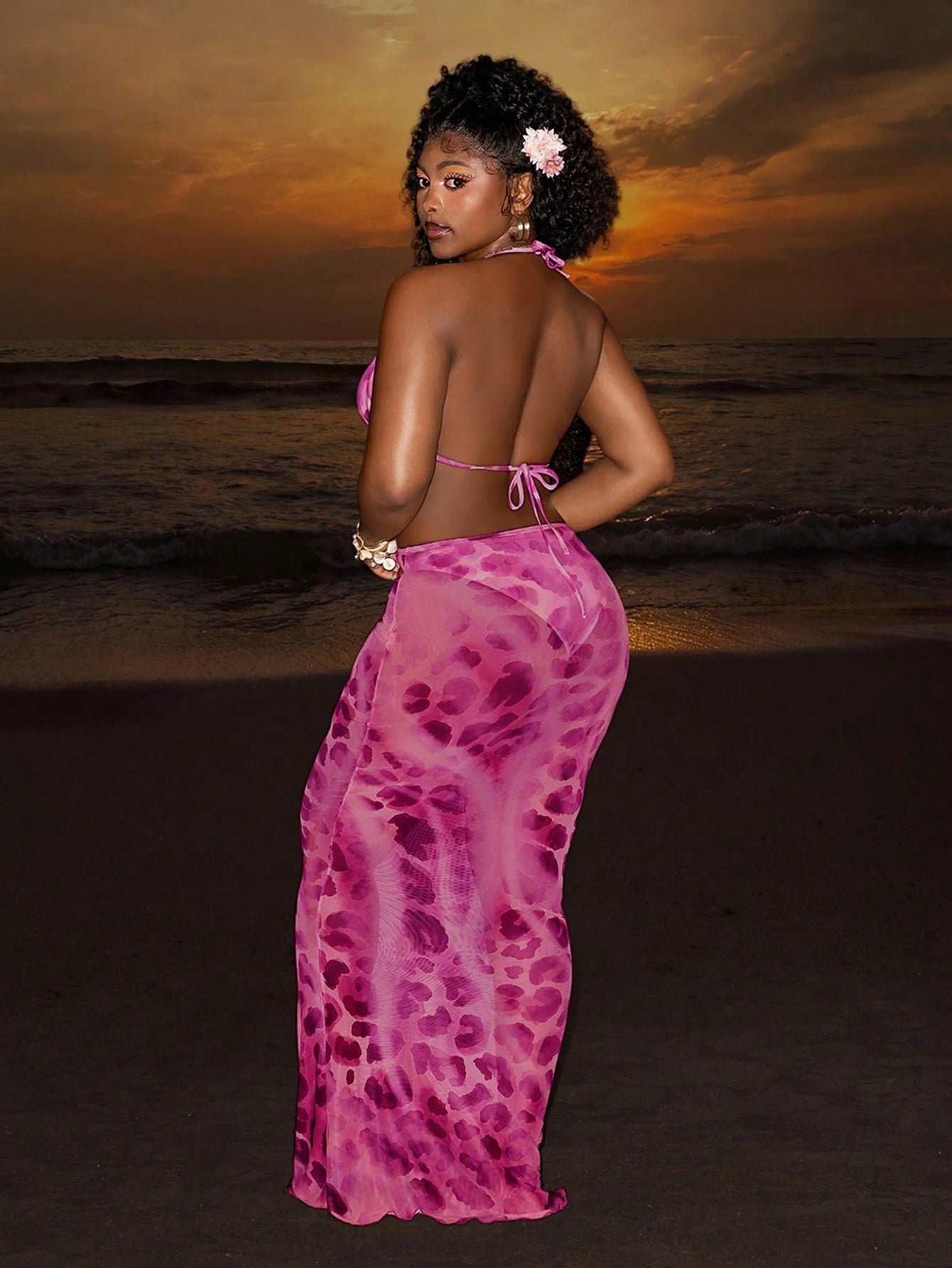 Slaydiva Women's Purple Summer Casual Beach Holiday Vacation Leopard Print Mesh See-Through Tie-Up Crop Top & Bodycon Maxi Dress Swimwear Set For Pool Party