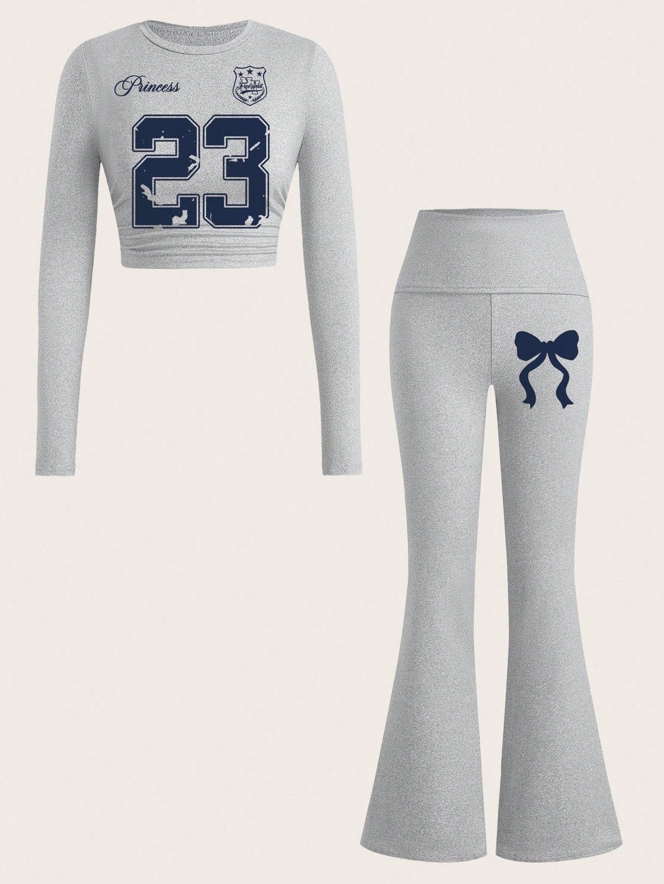 Slaydiva Women's White 2 Pieces Set,Long-Sleeved Crew Neck Graphic Tops Flare Pants,Navy Blue Bow Graphic Streetwear,Autumn Casual Y2k Back-To-School Everyday