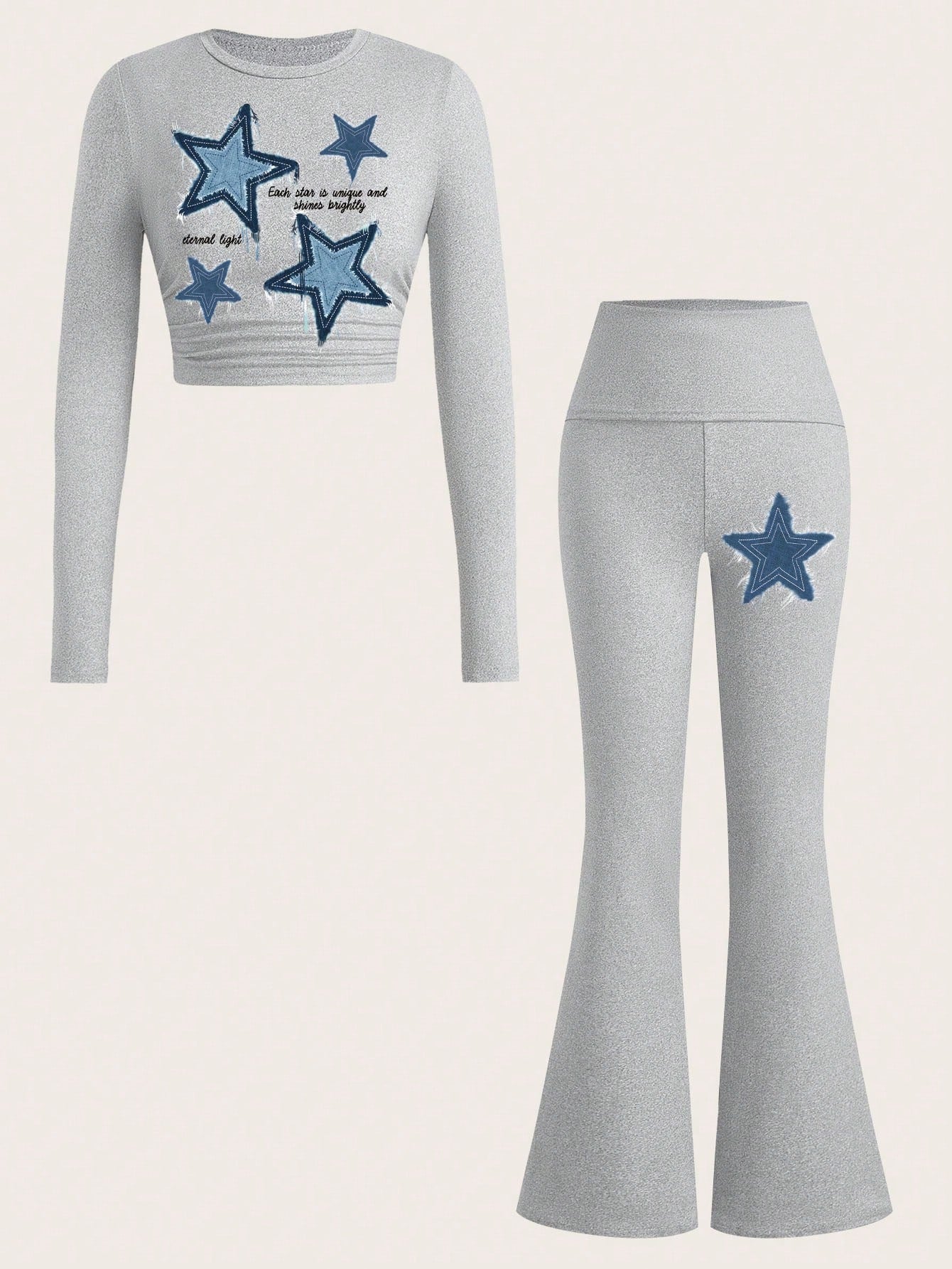 Slaydiva Women's White 2 Pieces Set,Long-Sleeved Crew Neck Graphic Tops Flare Pants,Navy Blue Bow Graphic Streetwear,Autumn Casual Y2k Back-To-School Everyday