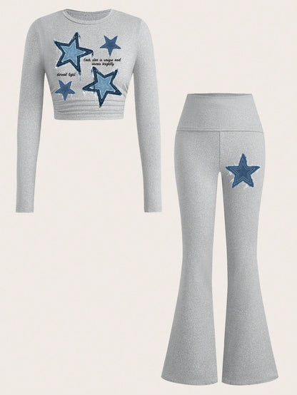 Slaydiva Women's White 2 Pieces Set,Long-Sleeved Crew Neck Graphic Tops Flare Pants,Navy Blue Bow Graphic Streetwear,Autumn Casual Y2k Back-To-School Everyday