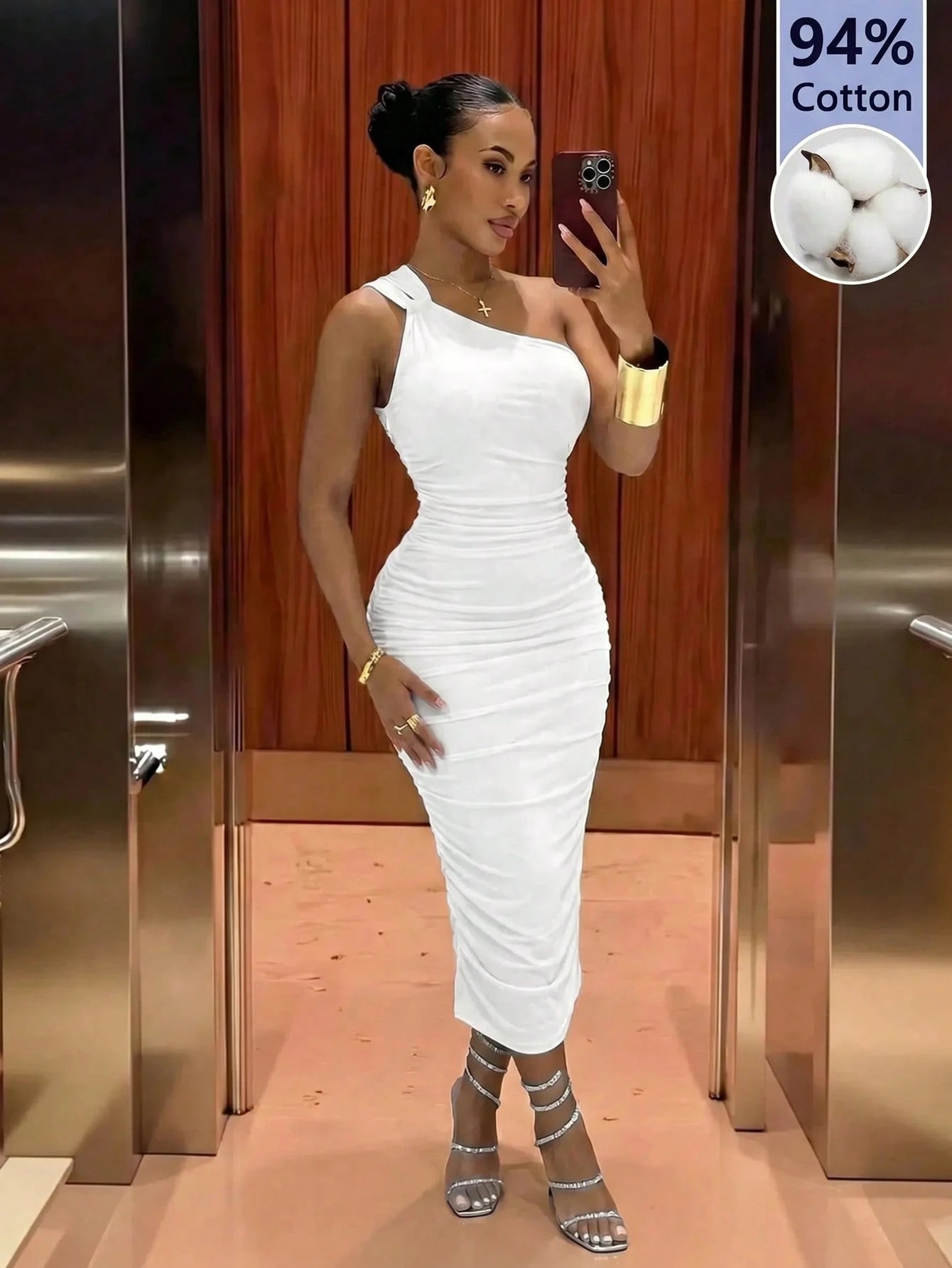 Slaydiva Women's White Mid-Length Dress With Double Shoulder Straps And One Shoulder, Ruched Sides, New Style For Summer, Music Festival, Night Out, Casual