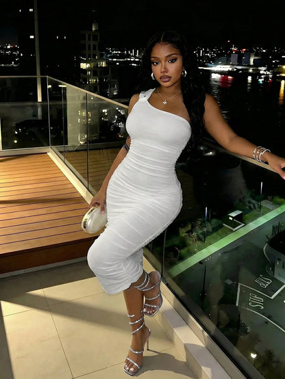 Slaydiva Women's White Mid-Length Dress With Double Shoulder Straps And One Shoulder, Ruched Sides, New Style For Summer, Music Festival, Night Out, Casual