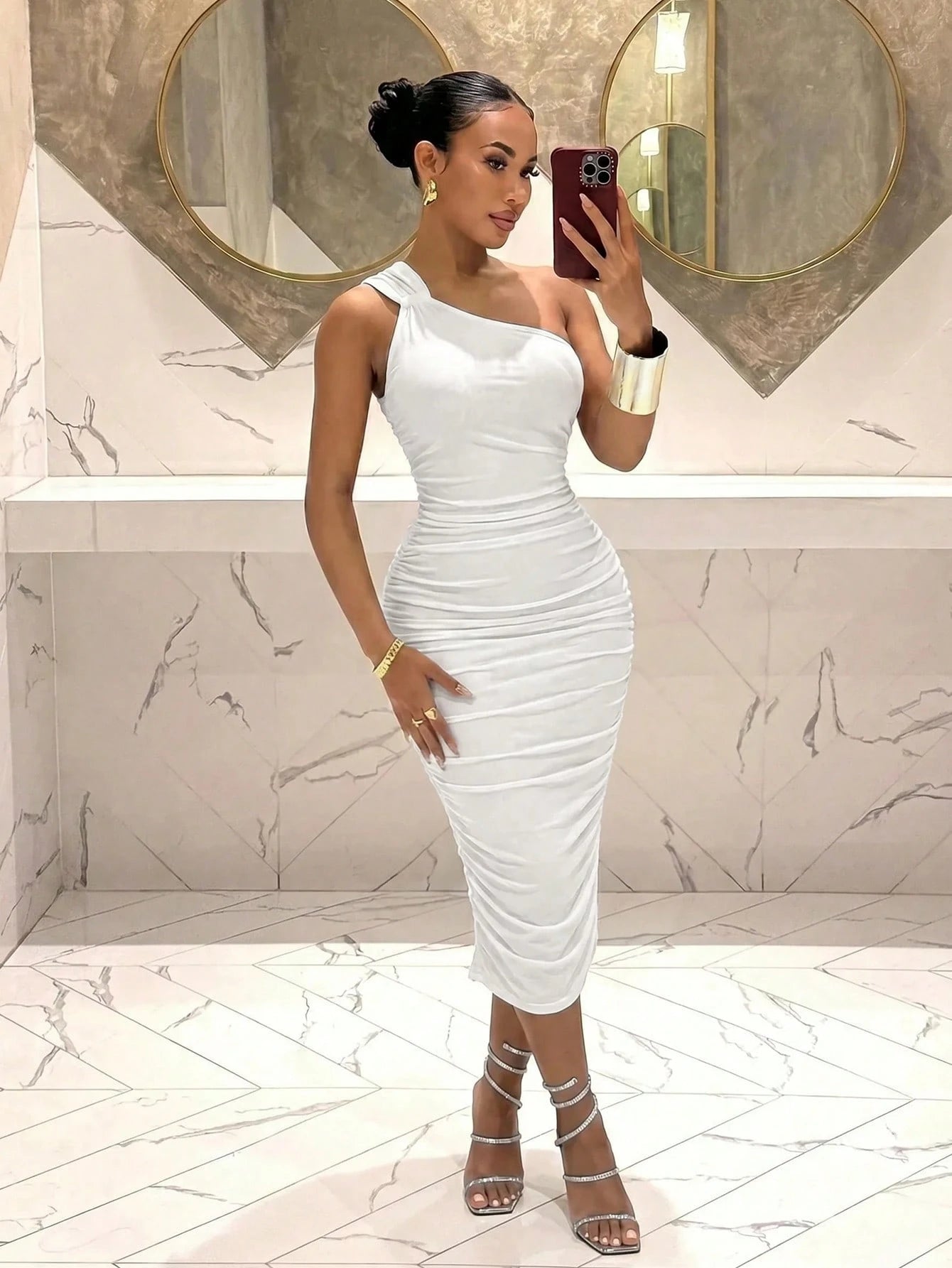 Slaydiva Women's White Mid-Length Dress With Double Shoulder Straps And One Shoulder, Ruched Sides, New Style For Summer, Music Festival, Night Out, Casual