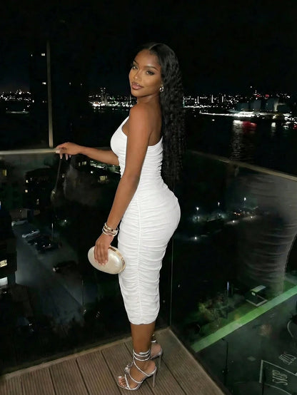 Slaydiva Women's White Mid-Length Dress With Double Shoulder Straps And One Shoulder, Ruched Sides, New Style For Summer, Music Festival, Night Out, Casual