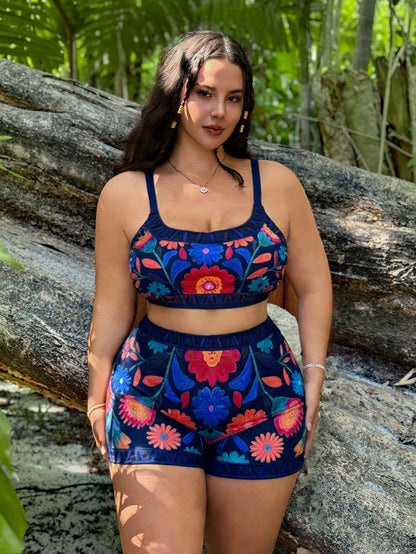 Slaysola 3pcs Plus Size Women Floral Print Spaghetti Strap Tankini Swimwear Set, Casual Summer Beach Outfit