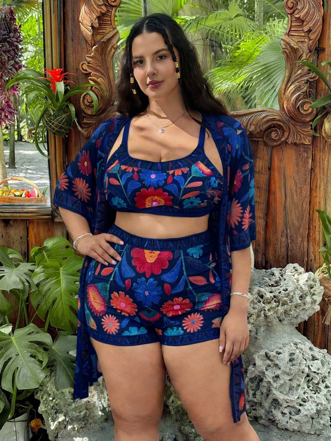 Slaysola 3pcs Plus Size Women Floral Print Spaghetti Strap Tankini Swimwear Set, Casual Summer Beach Outfit