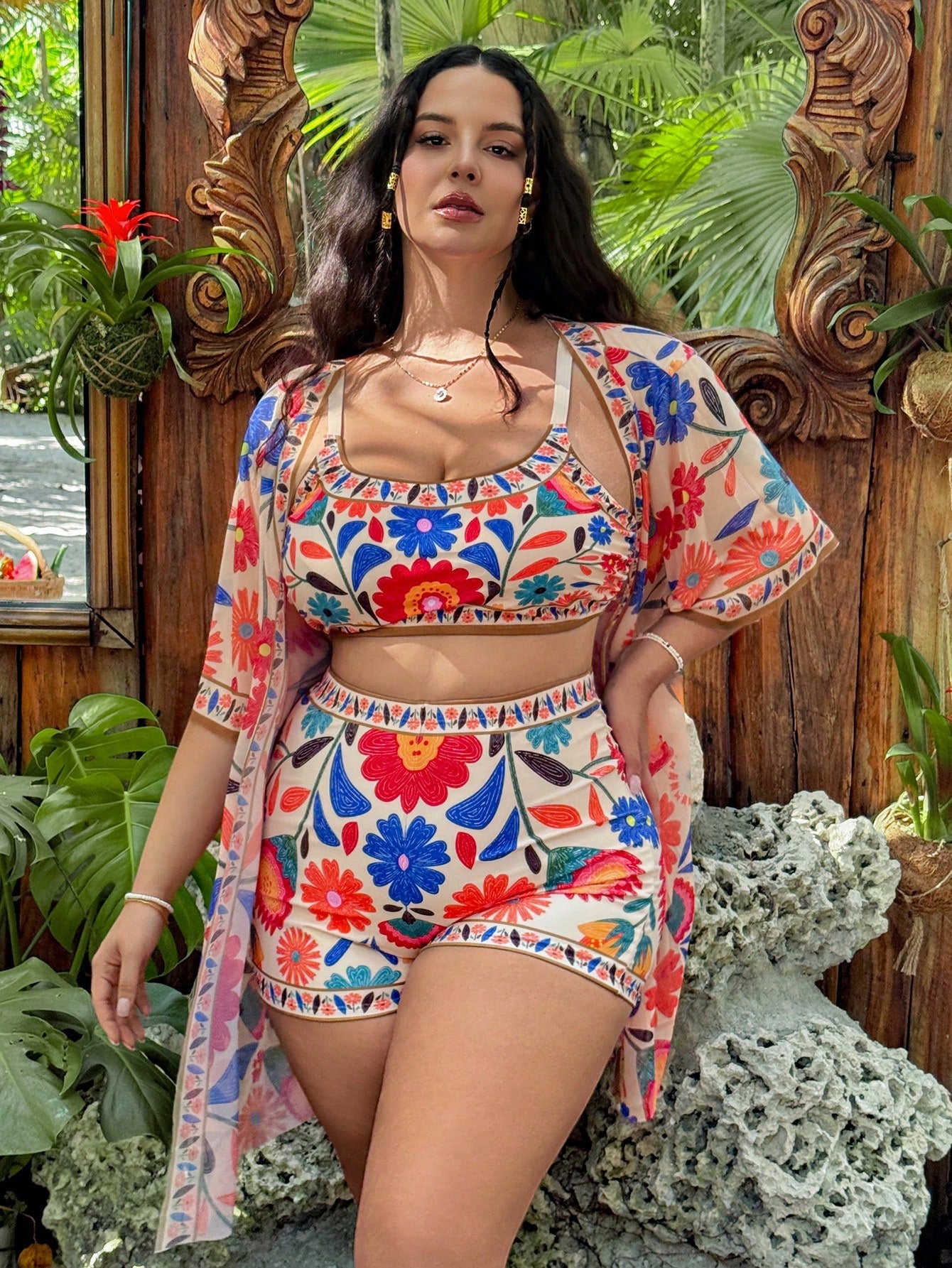 Slaysola 3pcs Plus Size Women Floral Print Spaghetti Strap Tankini Swimwear Set, Casual Summer Beach Outfit