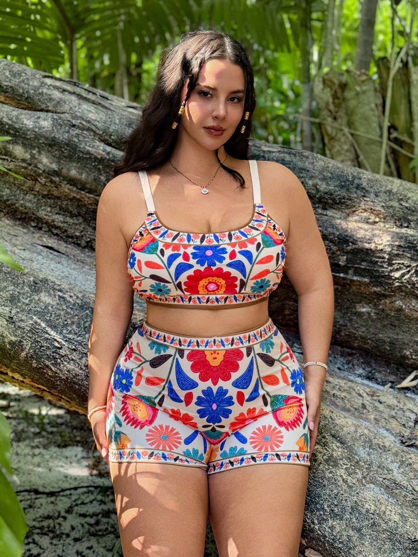 Slaysola 3pcs Plus Size Women Floral Print Spaghetti Strap Tankini Swimwear Set, Casual Summer Beach Outfit