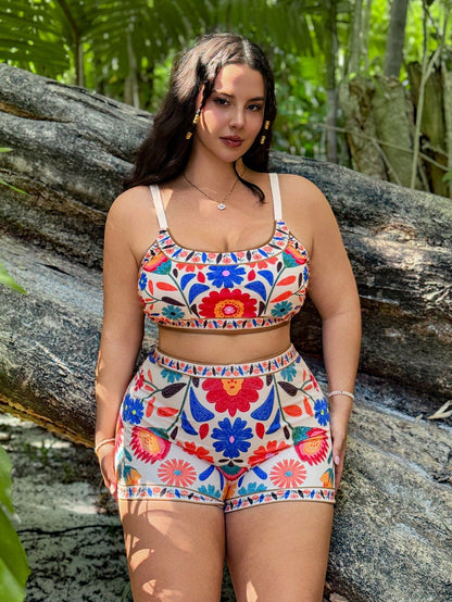 Slaysola 3pcs Plus Size Women Floral Print Spaghetti Strap Tankini Swimwear Set, Casual Summer Beach Outfit