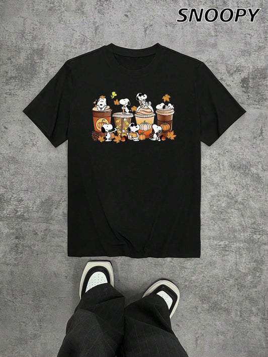 Snoopy Milk Tea Pumpkin Loose Men's Summer Short Snoopy Milk Tea Pumpkin Cute Print Basic Short Sleeves