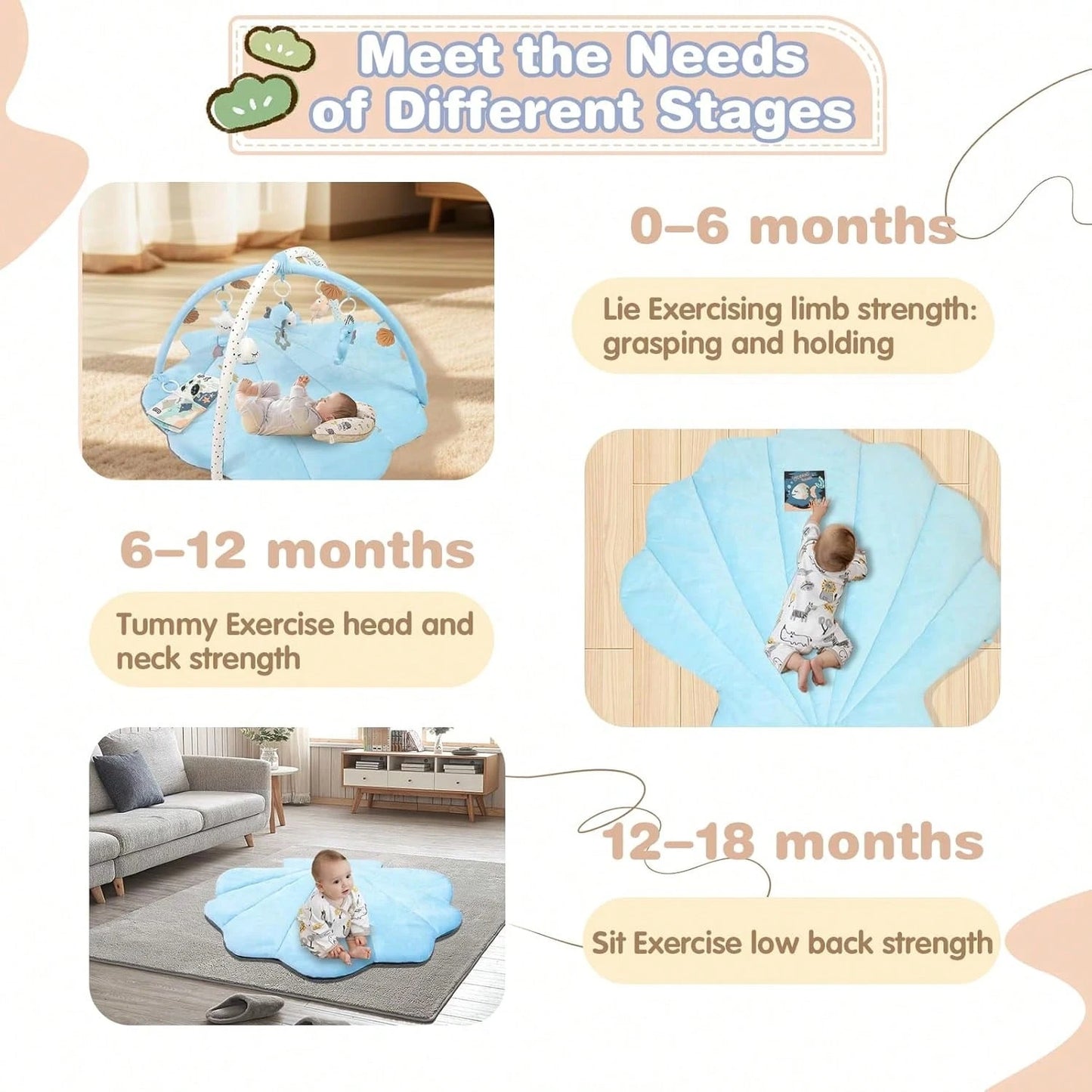 Soft & Breathable Baby Play Gym Mat, Oversize Baby Tummy Time Play Mat Anti-Slip Back With 6 Detachable Toys For Sensory Exploration Motor Skill Development, Newborn Essentials Shower Gift Activity Ma