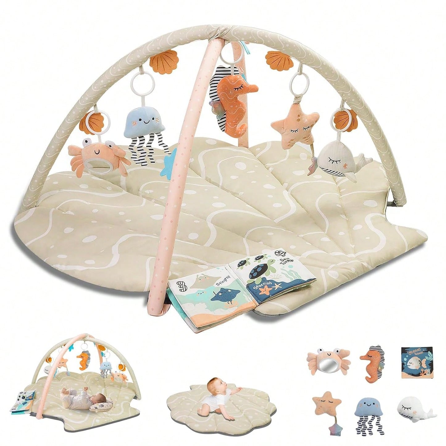 Soft & Breathable Baby Play Gym Mat, Oversize Baby Tummy Time Play Mat Anti-Slip Back With 6 Detachable Toys For Sensory Exploration Motor Skill Development, Newborn Essentials Shower Gift Activity Ma