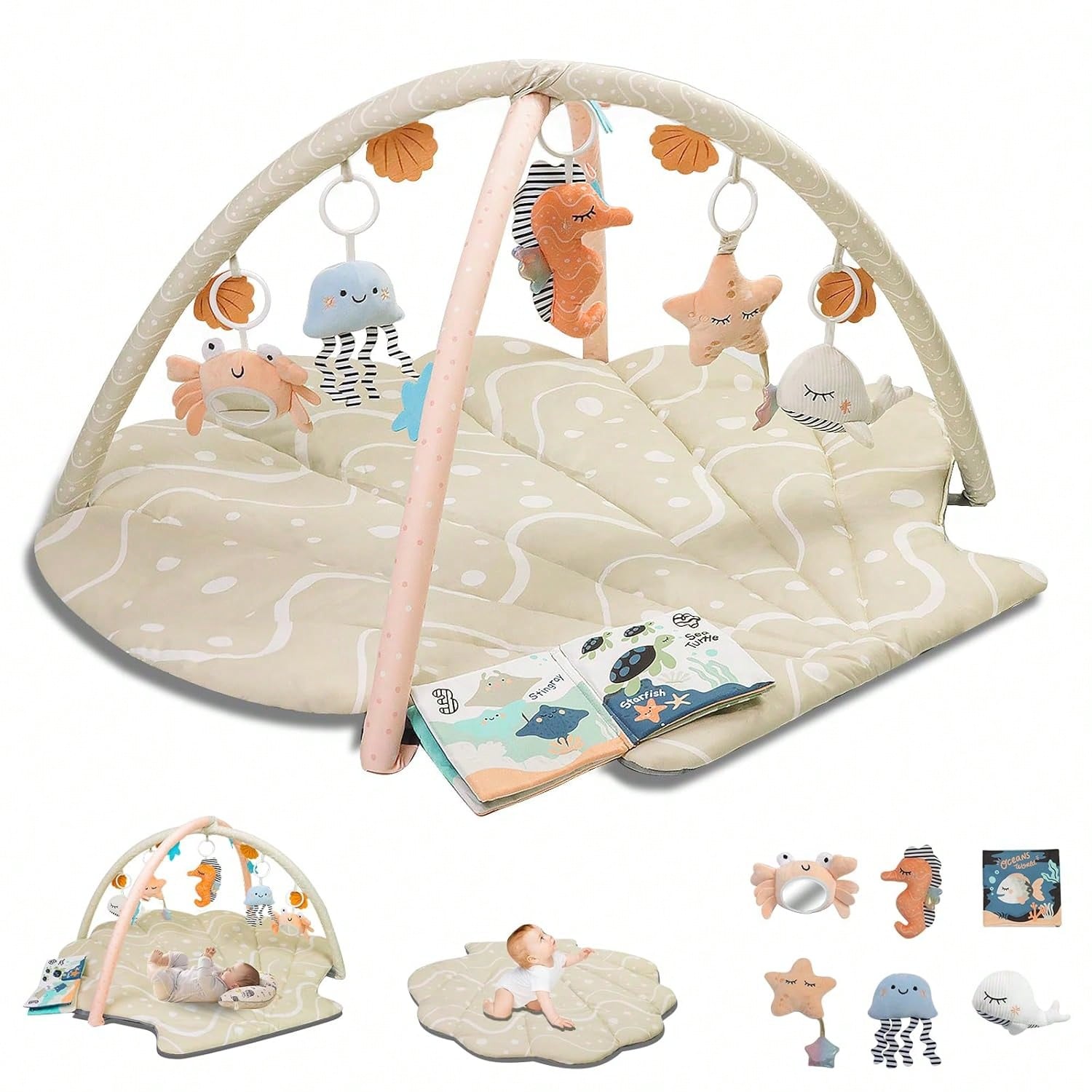 Soft & Breathable Baby Play Gym Mat, Oversize Baby Tummy Time Play Mat Anti-Slip Back With 6 Detachable Toys For Sensory Exploration Motor Skill Development, Newborn Essentials Shower Gift Activity Ma