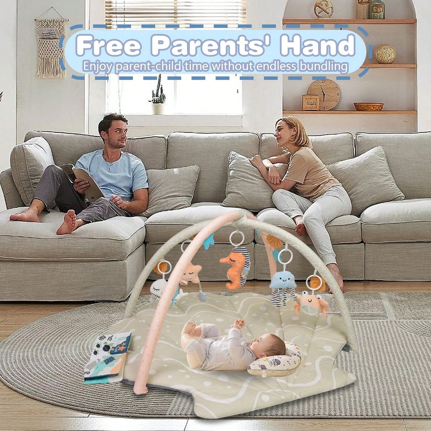 Soft & Breathable Baby Play Gym Mat, Oversize Baby Tummy Time Play Mat Anti-Slip Back With 6 Detachable Toys For Sensory Exploration Motor Skill Development, Newborn Essentials Shower Gift Activity Ma