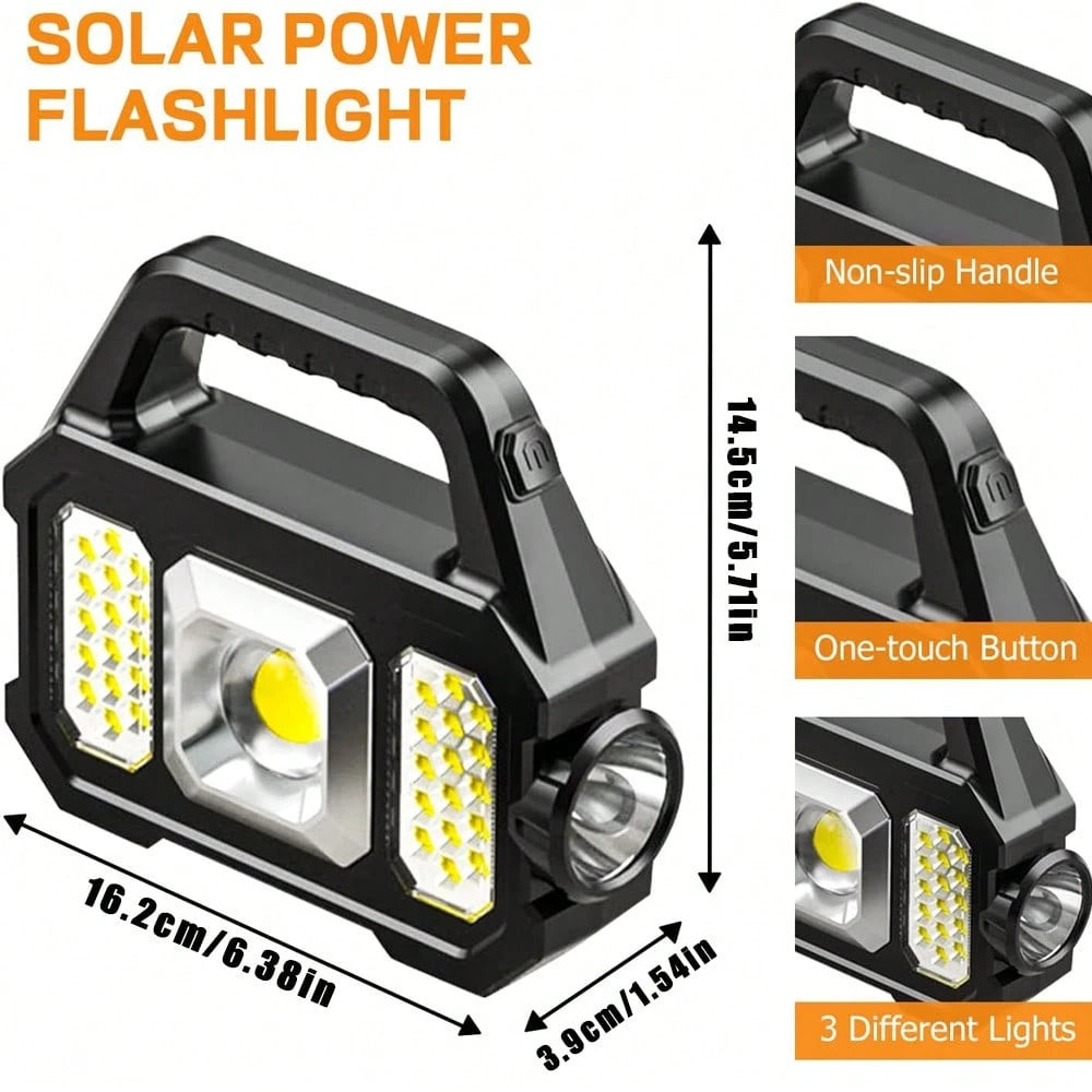Solar Handheld Flashlight With USB Cable, 6 Modes Rechargeable Multifunction Lights Super Bright LED Searchlight, Lightweight Waterproof Portable Spotlight For Fishing Outdoor Camping Emergencies