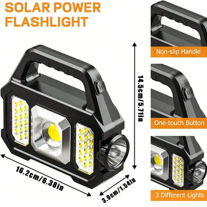 Solar Handheld Flashlight With USB Cable, 6 Modes Rechargeable Multifunction Lights Super Bright LED Searchlight, Lightweight Waterproof Portable Spotlight For Fishing Outdoor Camping Emergencies