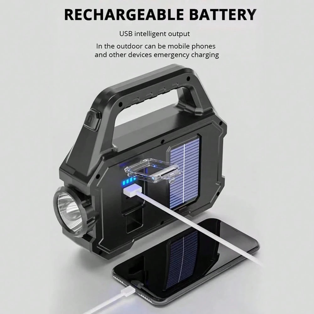 Solar Handheld Flashlight With USB Cable, 6 Modes Rechargeable Multifunction Lights Super Bright LED Searchlight, Lightweight Waterproof Portable Spotlight For Fishing Outdoor Camping Emergencies