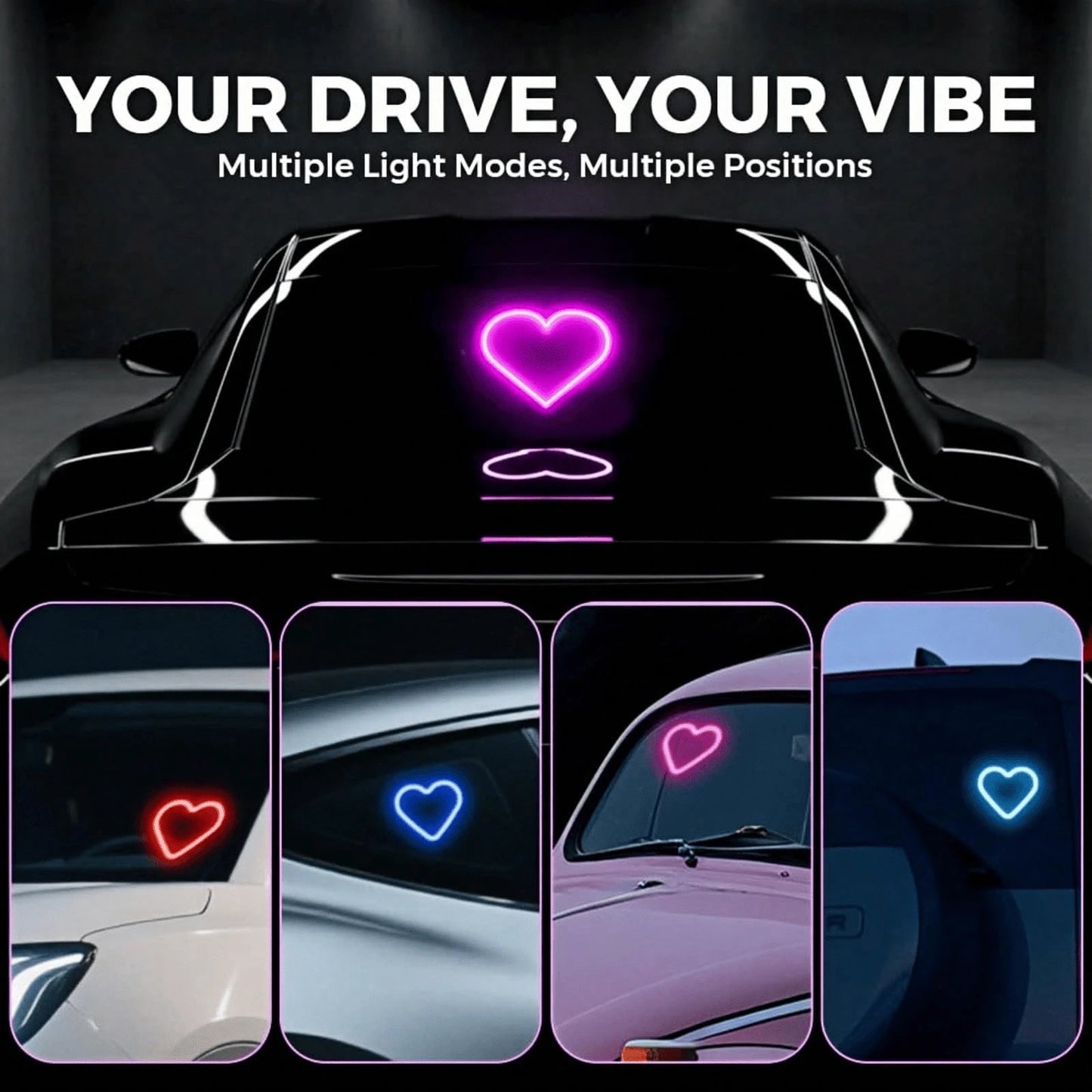 Solar Powered Heart-Shaped Neon LED Car Rear Window Light, Wireless Atmosphere Decoration, Popular Car LED Window Heart-Shaped Atmosphere Light, Solar Powered Car Interior Neon USB Decor, 3.7V+300mAh