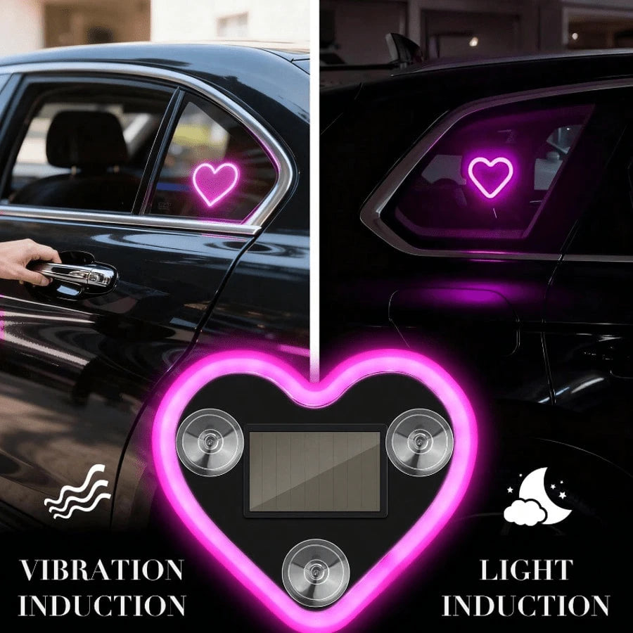 Solar Powered Heart-Shaped Neon LED Car Rear Window Light, Wireless Atmosphere Decoration, Popular Car LED Window Heart-Shaped Atmosphere Light, Solar Powered Car Interior Neon USB Decor, 3.7V+300mAh
