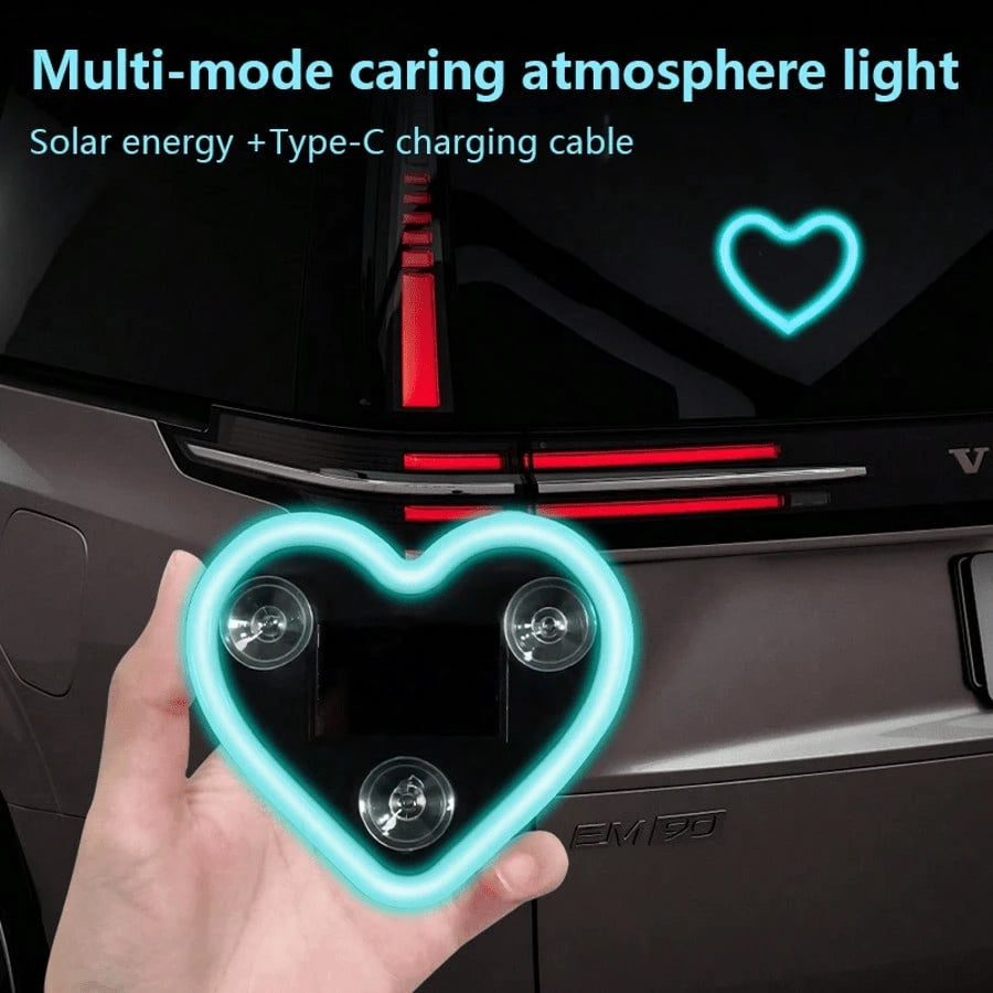 Solar Powered Heart-Shaped Neon LED Car Rear Window Light, Wireless Atmosphere Decoration, Popular Car LED Window Heart-Shaped Atmosphere Light, Solar Powered Car Interior Neon USB Decor, 3.7V+300mAh