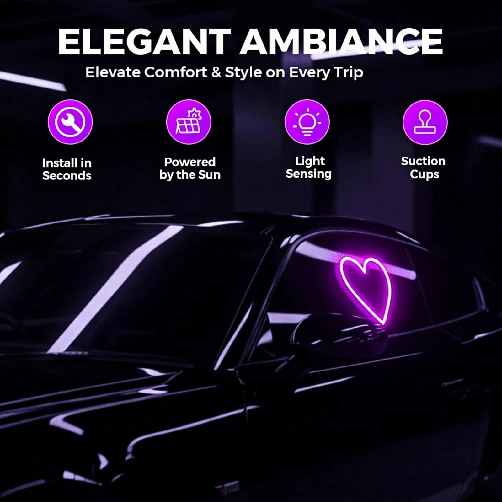 Solar Powered Heart-Shaped Neon LED Car Rear Window Light, Wireless Atmosphere Decoration, Popular Car LED Window Heart-Shaped Atmosphere Light, Solar Powered Car Interior Neon USB Decor, 3.7V+300mAh