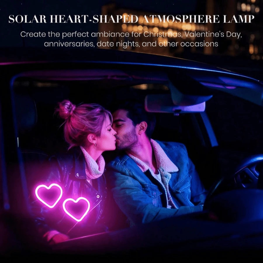 Solar Powered Heart-Shaped Neon LED Car Rear Window Light, Wireless Atmosphere Decoration, Popular Car LED Window Heart-Shaped Atmosphere Light, Solar Powered Car Interior Neon USB Decor, 3.7V+300mAh