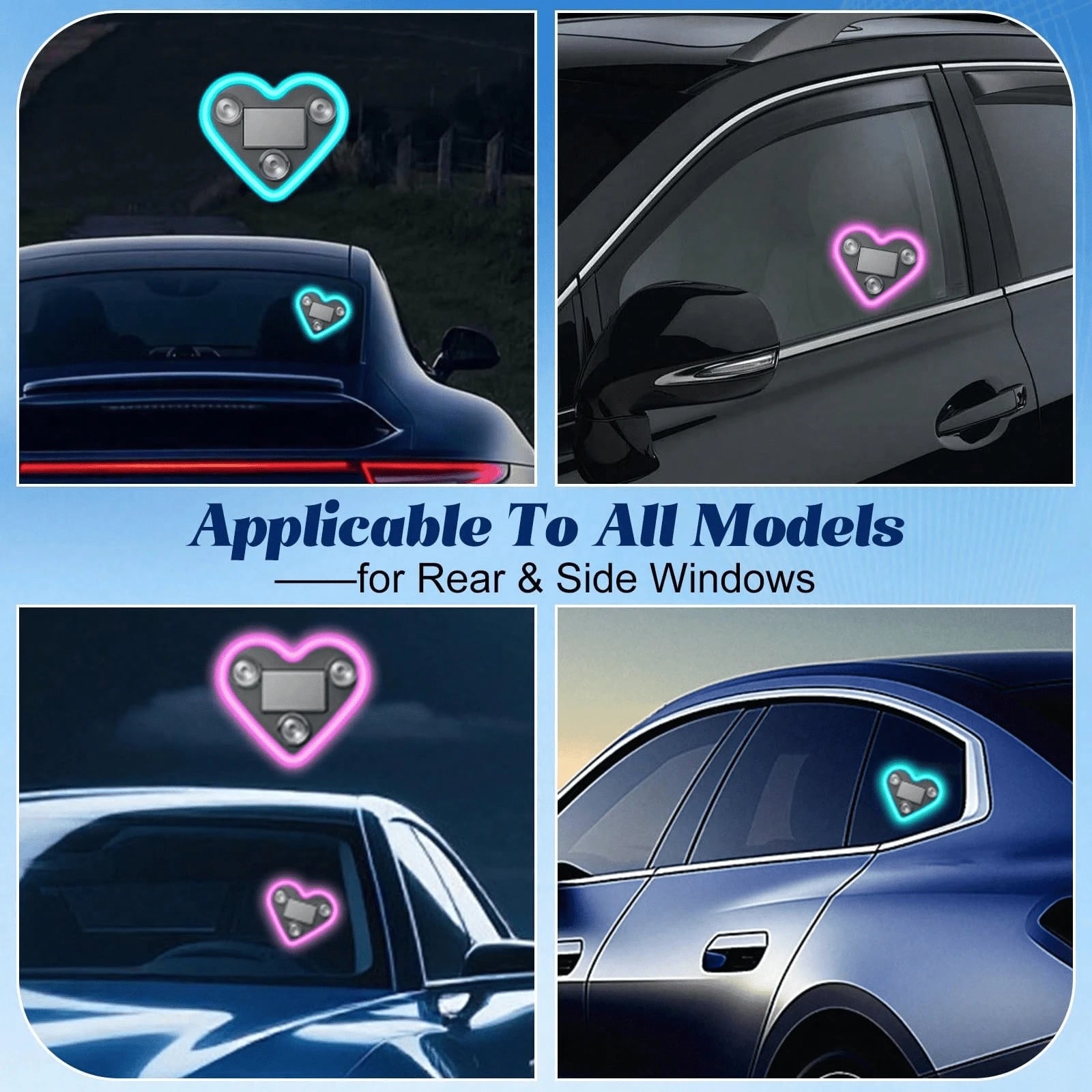 Solar Powered Heart-Shaped Neon LED Car Rear Window Light, Wireless Atmosphere Decoration, Popular Car LED Window Heart-Shaped Atmosphere Light, Solar Powered Car Interior Neon USB Decor, 3.7V+300mAh