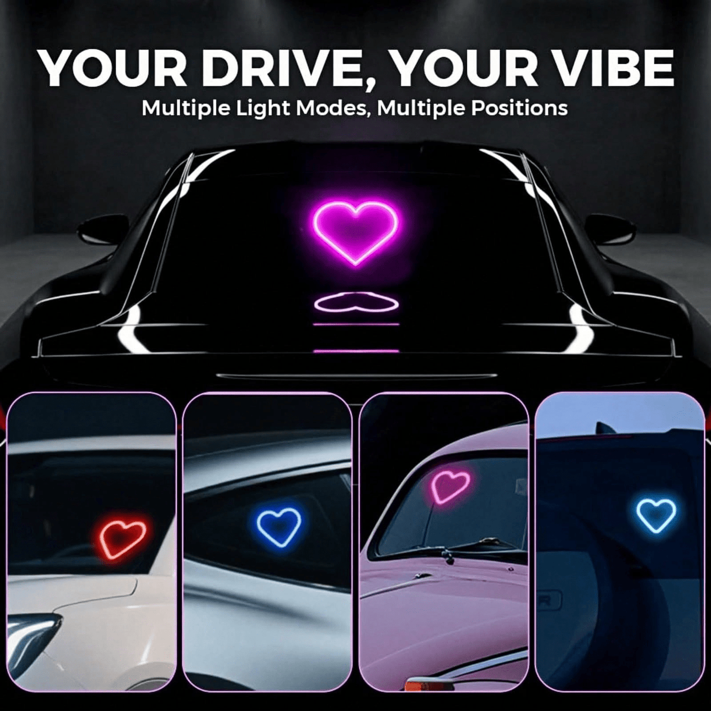 Solar Powered Heart-Shaped Neon LED Car Rear Window Light, Wireless Atmosphere Decoration, Popular Car LED Window Heart-Shaped Atmosphere Light, Solar Powered Car Interior Neon USB Decor, 3.7V+300mAh