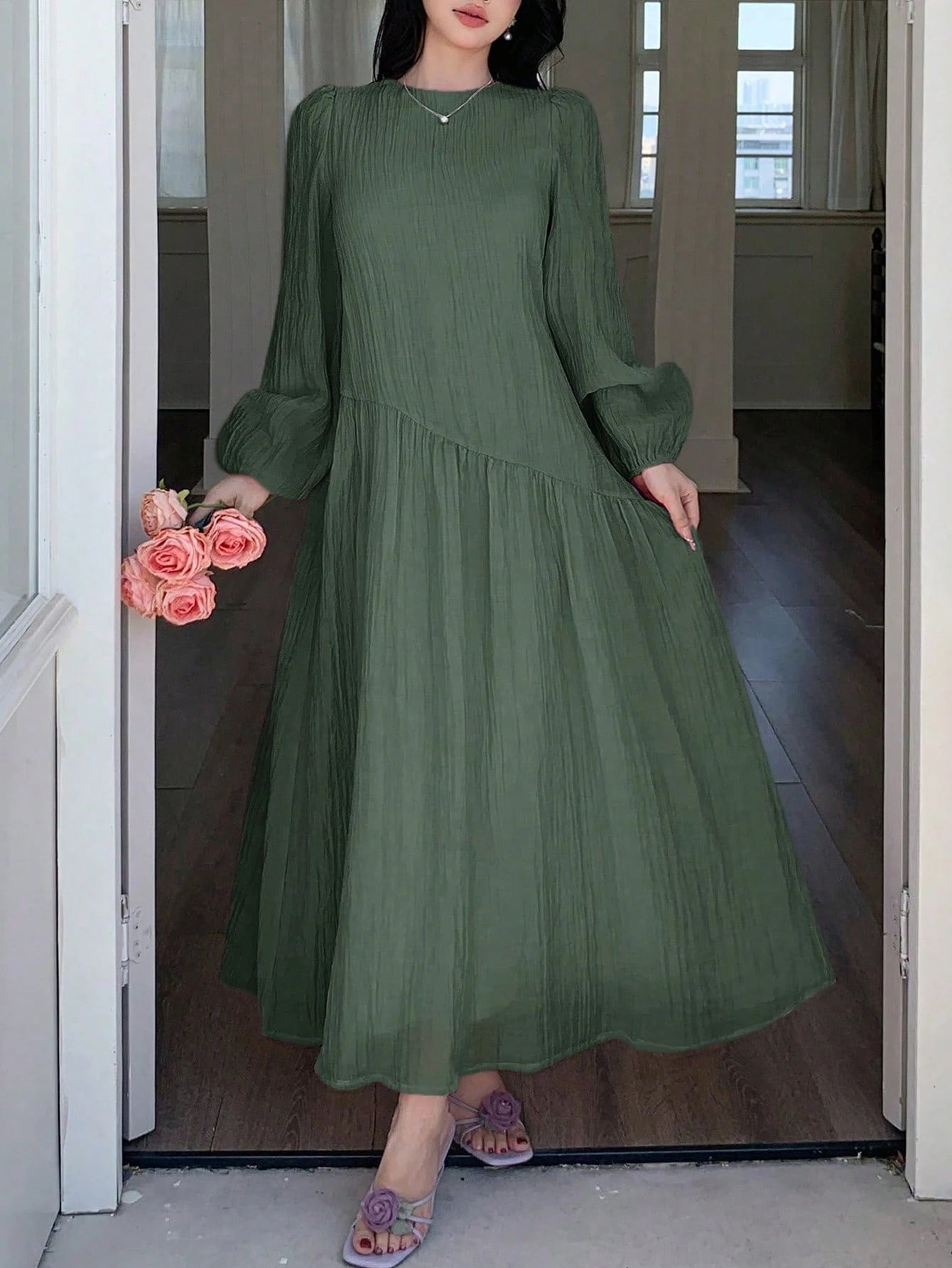 Solavon New Solid Color Loose Fit Comfortable Vacation Versatile Lantern Sleeve Dress Unlined Sleeves Unlined Sleeves Unlined Sleeves Unlined Sleeves