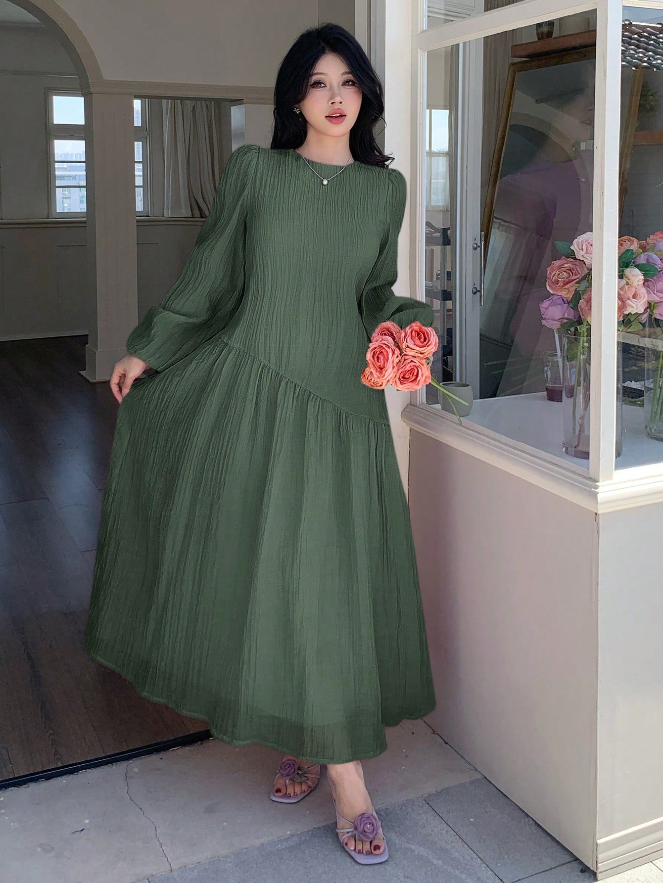 Solavon New Solid Color Loose Fit Comfortable Vacation Versatile Lantern Sleeve Dress Unlined Sleeves Unlined Sleeves Unlined Sleeves Unlined Sleeves