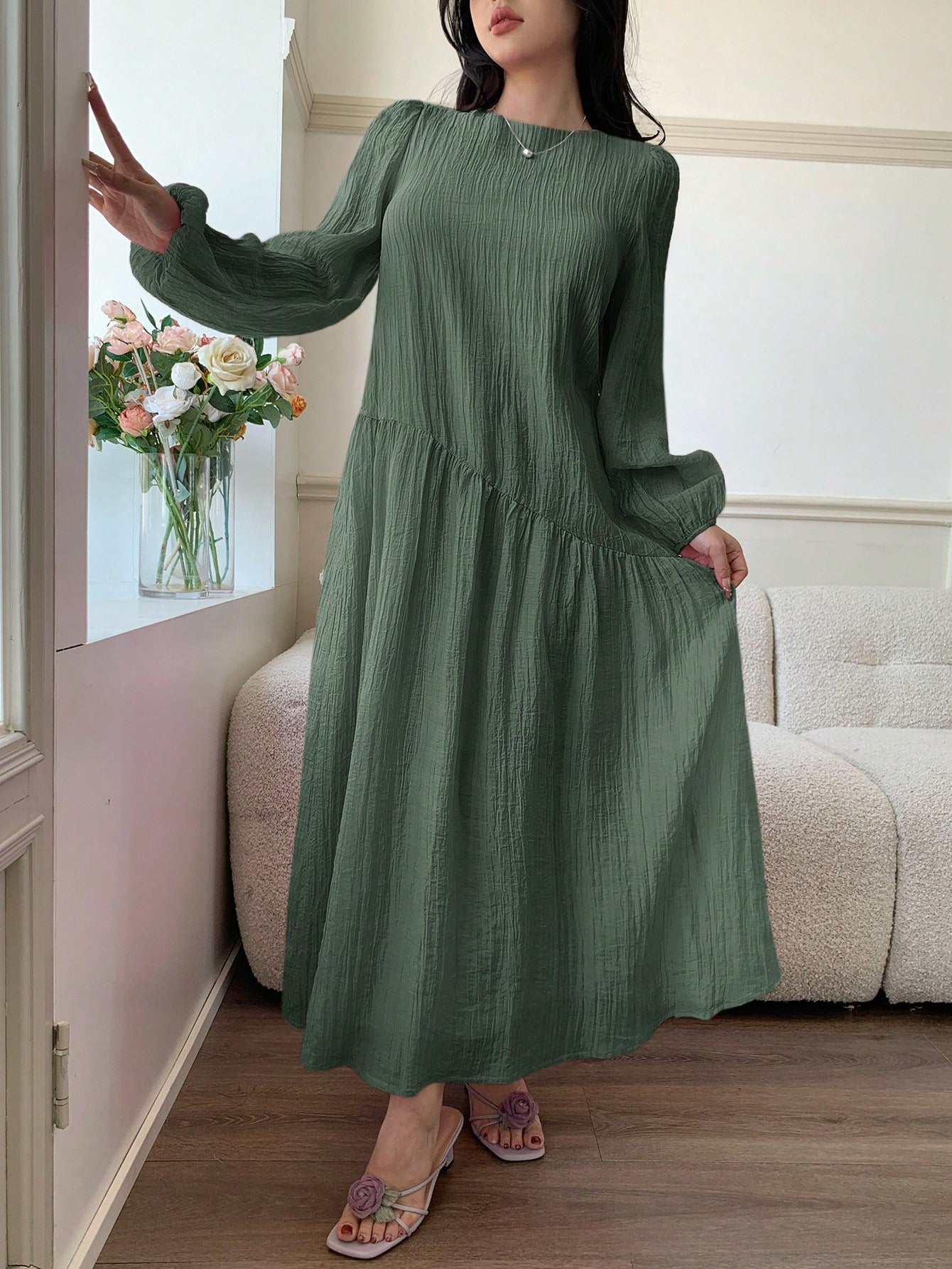 Solavon New Solid Color Loose Fit Comfortable Vacation Versatile Lantern Sleeve Dress Unlined Sleeves Unlined Sleeves Unlined Sleeves Unlined Sleeves